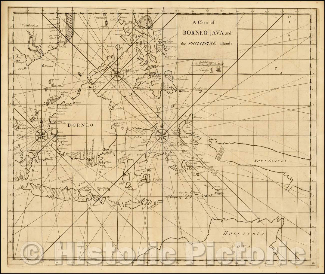 Historic Map - A Chart of Borneo Java an the Philippine Islands, 1728, John Senex - Vintage Wall Art