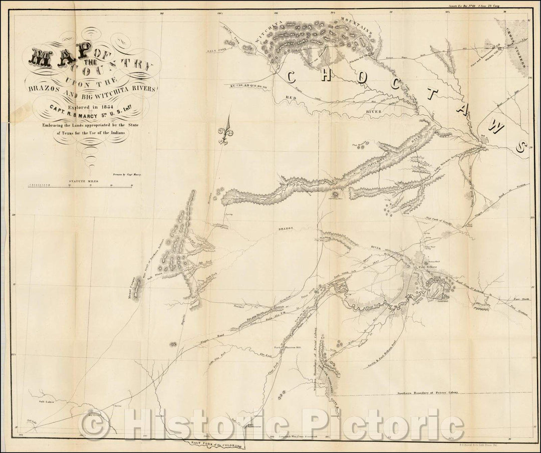 Historic Map - Map of the Country upon the Brazos and Big Wichita Rivers Explored in, 1854, United States GPO - Vintage Wall Art