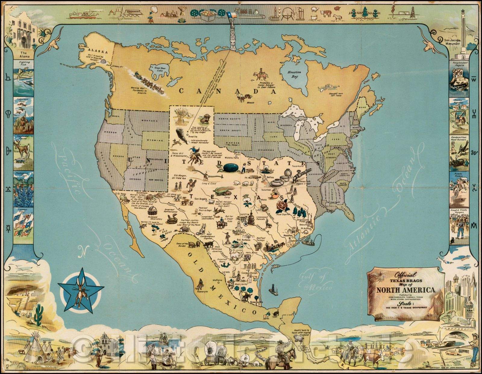 Historic Map - Official Texas Brags Map of North America, 1948, Mark Storm v3