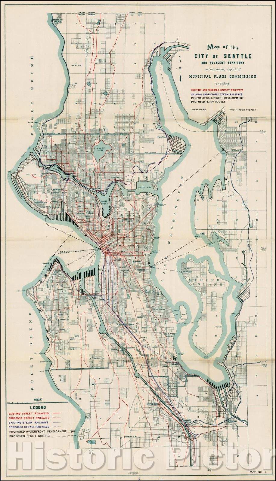 Historic Map - Map of the City of Seattle and Adjacent Territory accompany report of Municipal Plans Commission showing Existing and Proposed Railways, 1911 v1