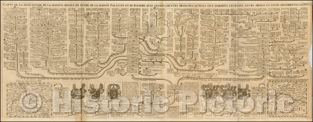 Historic Map - Genealogique De La Maison Roiale De Suede, De La Maison Palatine et de Baviere :: Elaborate family tree,Royal Families of Sweden and Germany, 1705 - Vintage Wall Art