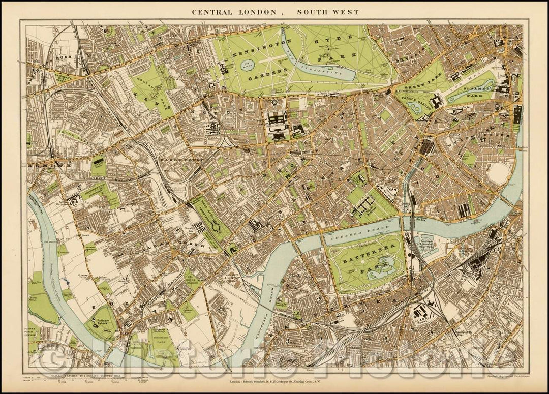 Historic Map - Central London, South West, 1896, Edward Stanford - Vintage Wall Art