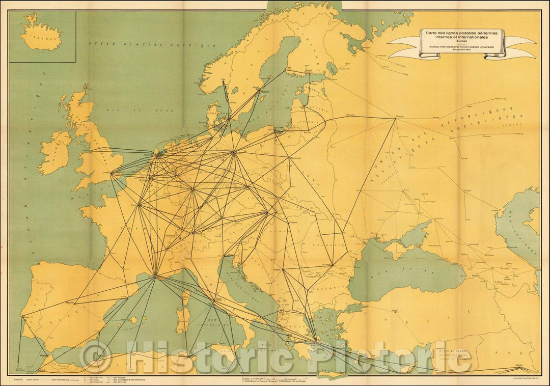 Historic Map - [Europe: Air Mail Routes] Carte des lignes postales aeriennes internes :: [Europe: Air Mail Routes] of postal lines domestic and international, 1937 - Vintage Wall Art