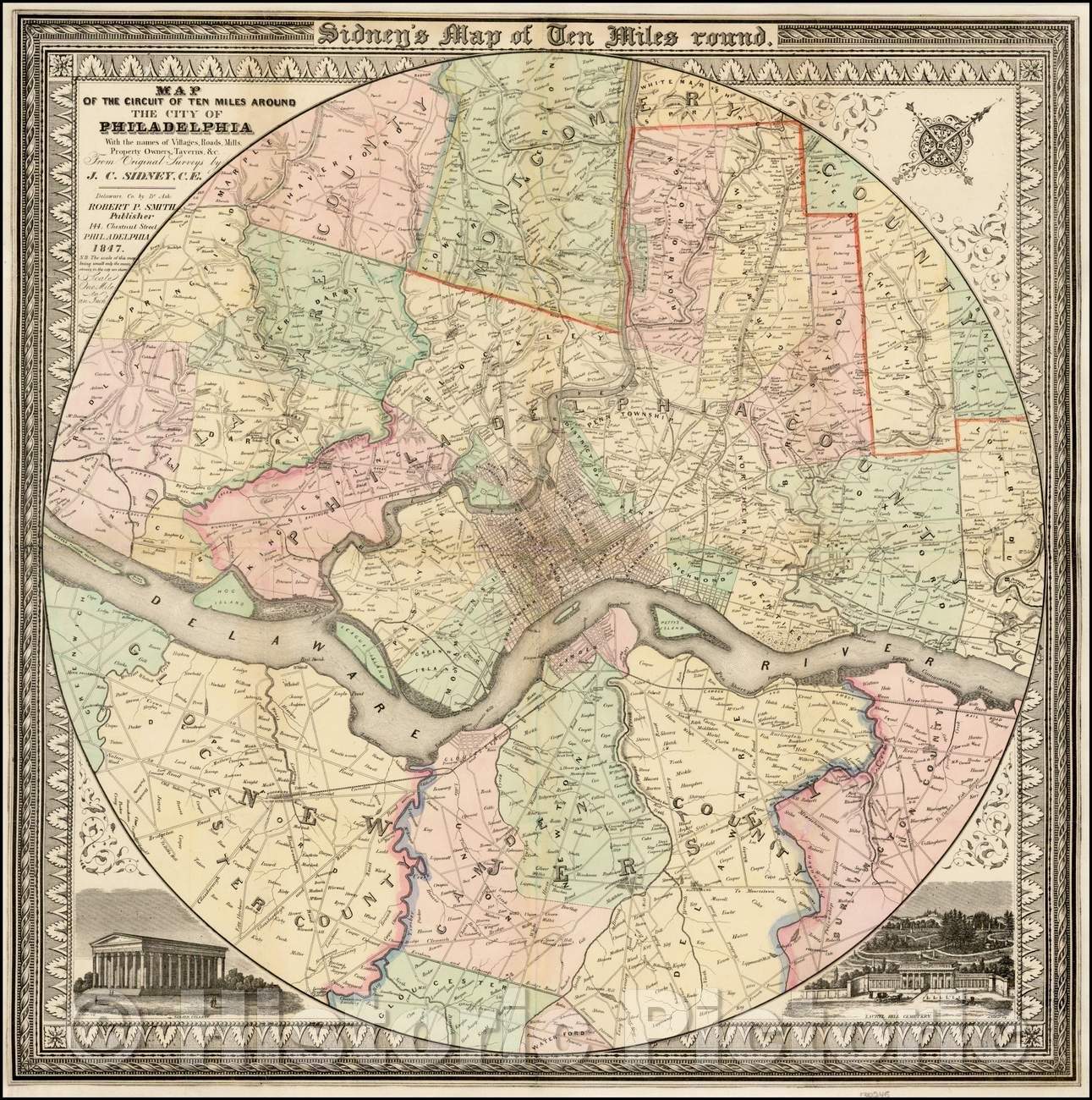 Historic Map - Sidney's Map of Ten Miles Around - Map of the Circuit of Ten Miles around the City of Philadelphia, 1847, James Charles Sidney - Vintage Wall Art