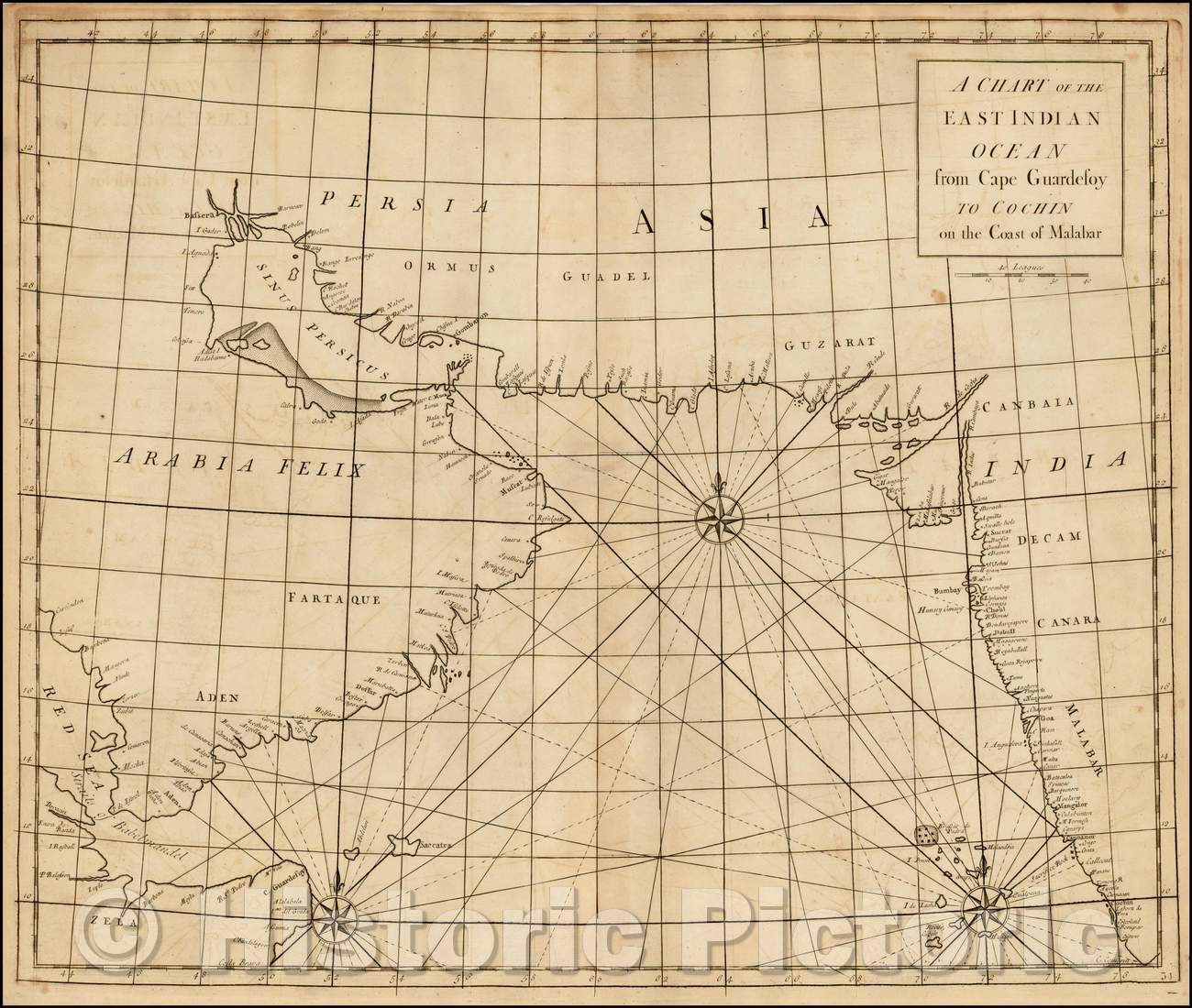 Historic Map - A Chart of the East Indian Ocean From Cape Guardefroy To Cochin on the Coast of Malabar, 1728, John Senex - Vintage Wall Art