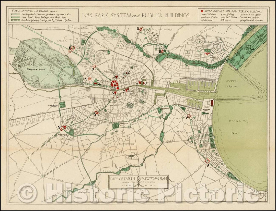 Historic Map - City of Dublin. New Town Plan. No. 5 Park System and Public Buildings, 1922, Civics Institute of Ireland - Vintage Wall Art