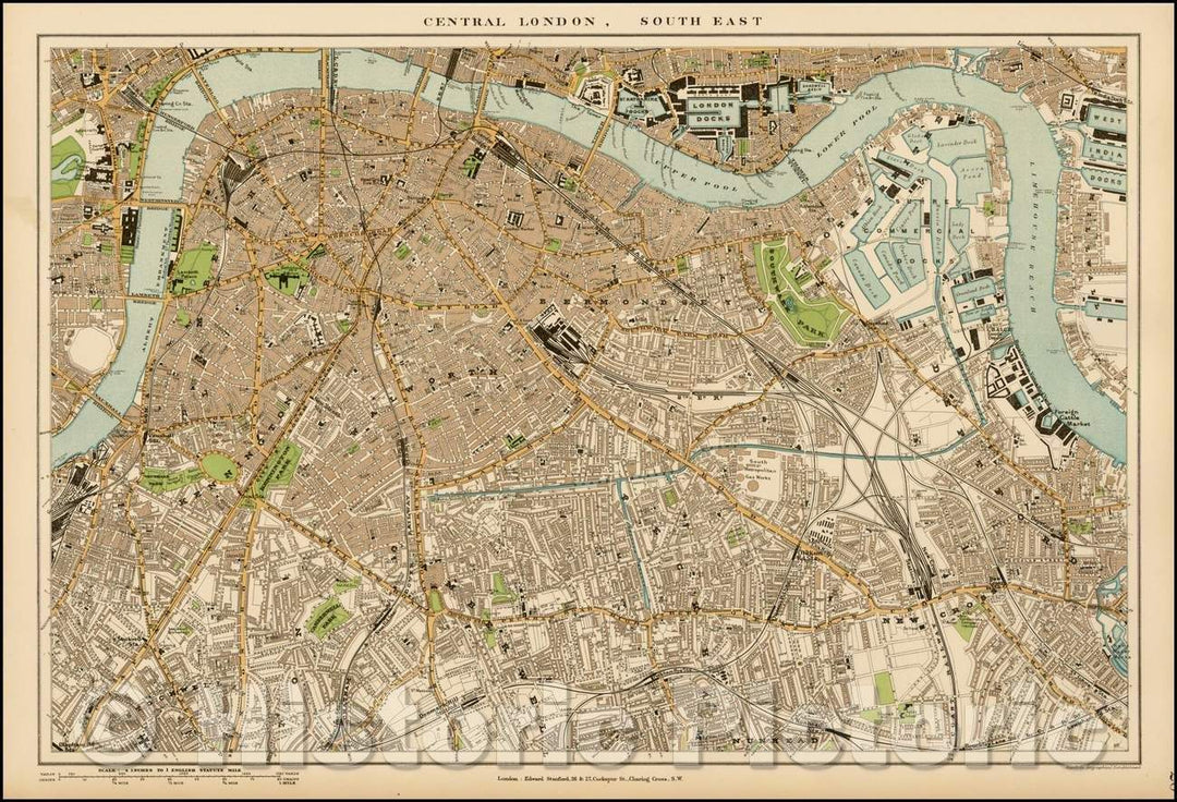 Historic Map - Central London, South East, 1896, Edward Stanford - Vintage Wall Art