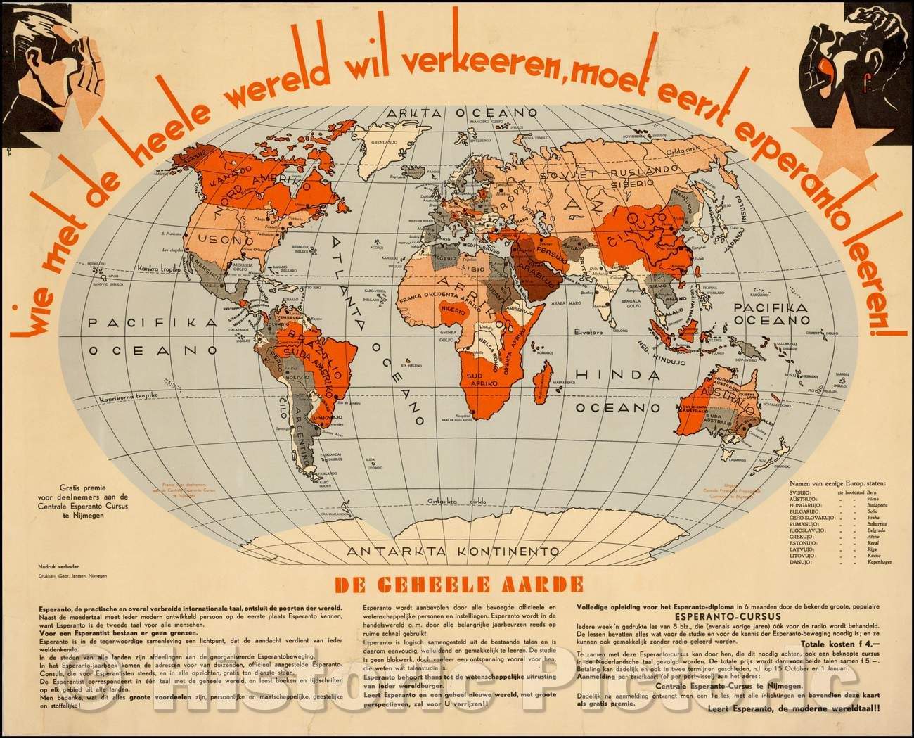 Historic Map - Esperanto Map of the World/wie met de heele wereld wil verkeeren, moet eerst esperanto leeren, 1930, Centrale Esperanto Propaganda Commisier - Vintage Wall Art