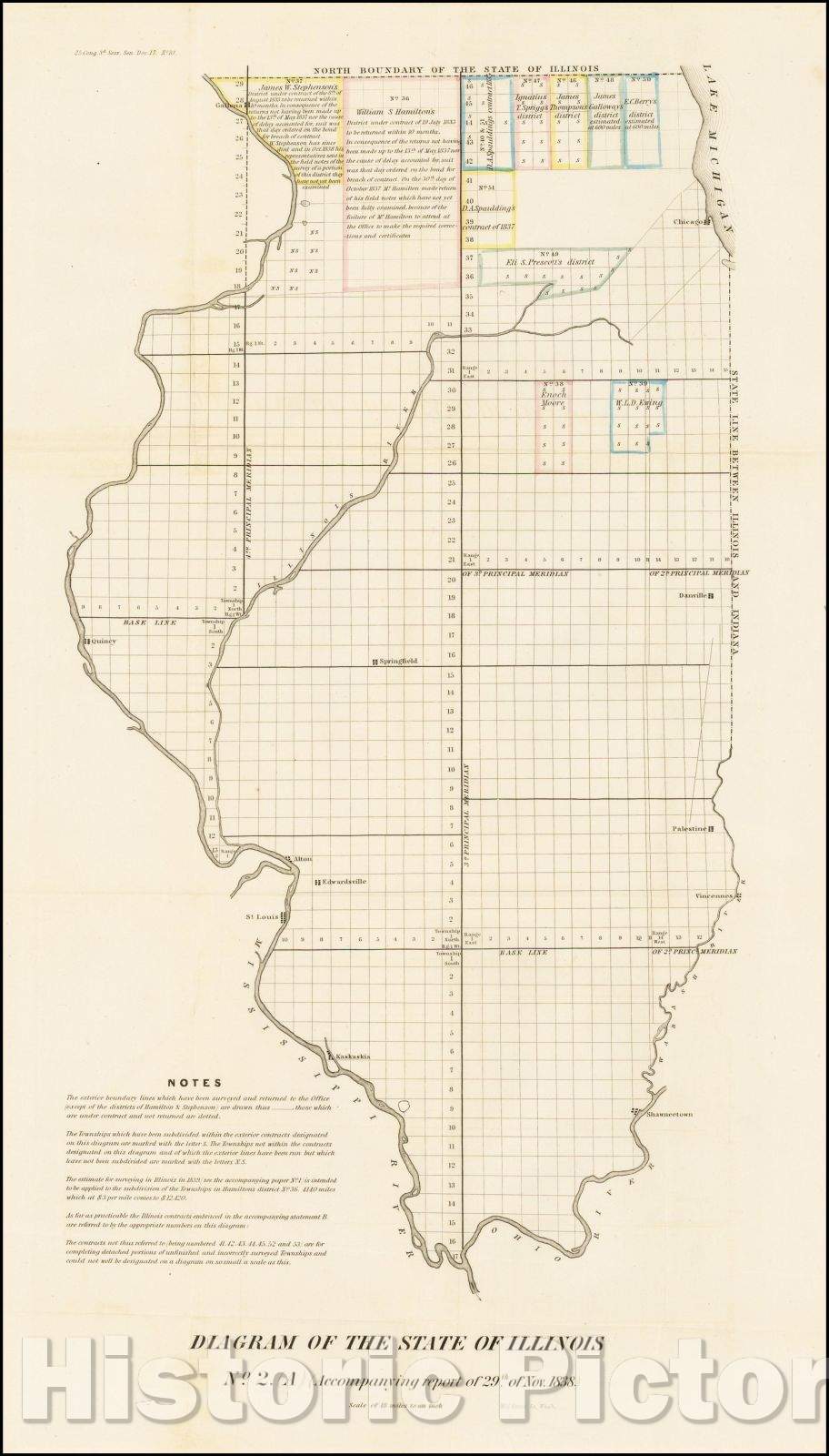 Historic Map - Diagram of the State of Illinois, 1838, U.S. General Land Office - Vintage Wall Art