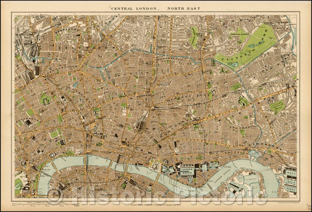 Historic Map - Central London, North East, 1896, Edward Stanford - Vintage Wall Art