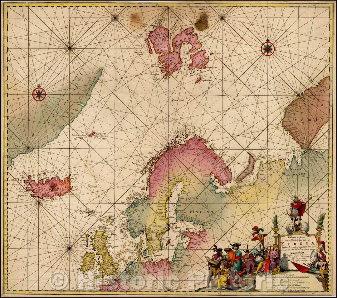 Historic Map - Wassende Pascaert Van t'Noordelyckste deel van Europae Beginnende :: Sea Chart of the North Atlantic, Nova Zemla to Greenland, British Isles, 1670 - Vintage Wall Art