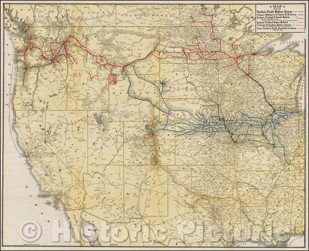 Historic Map - Map Showing Northern Railway System/Chicago, Burlington & Qunicy R.R. System/Spokane, Portland & Seattle Railway, 1916, McGill-Warner Co. - Vintage Wall Art