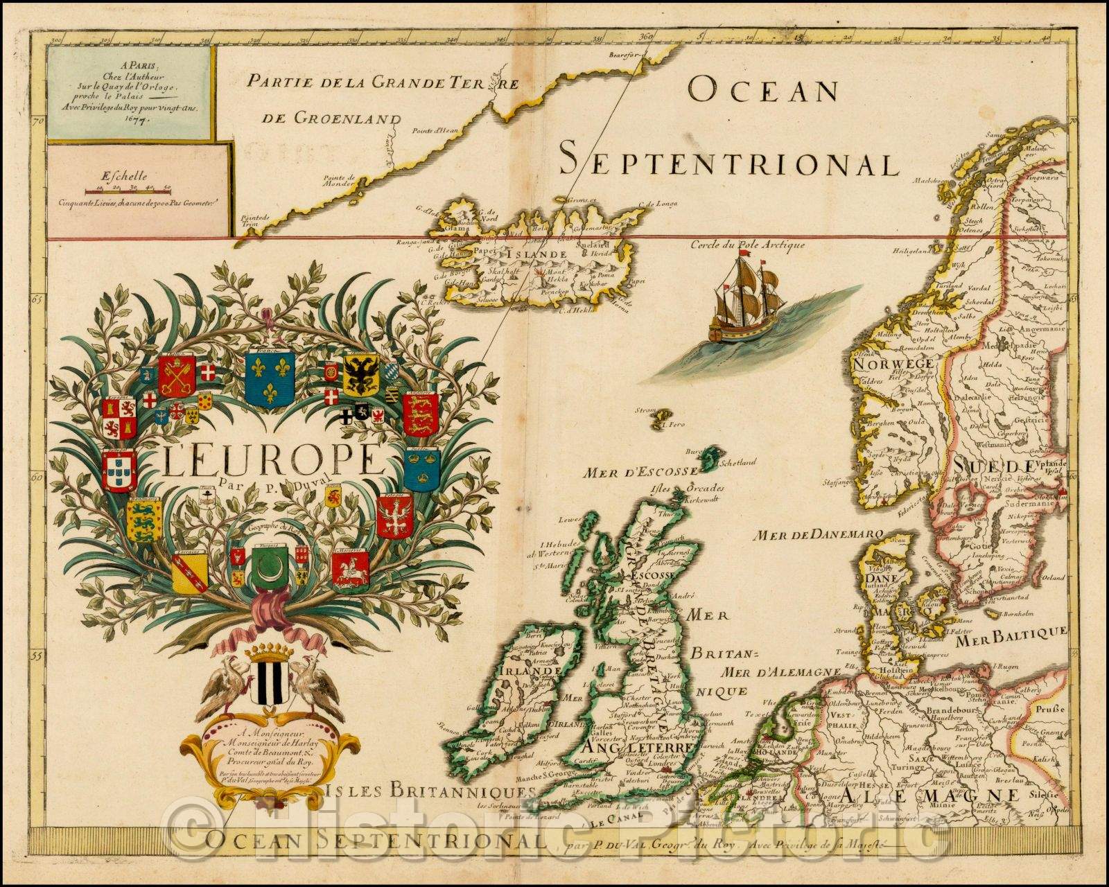 Historic Map - L'Europe Par P. Du Val/Map of the British Isles and Northwestern Europe, 1677, Pierre Du Val - Vintage Wall Art