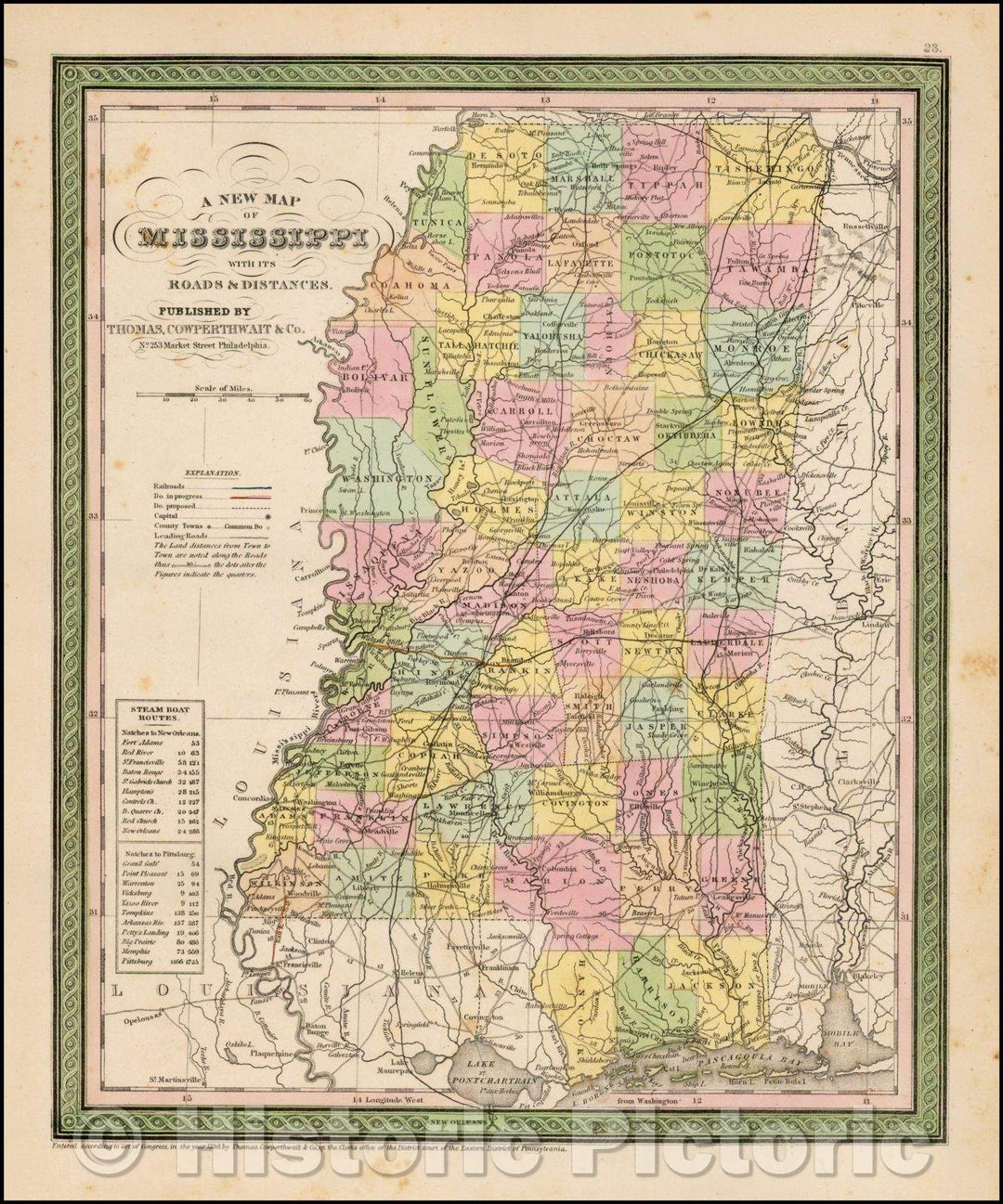 Historic Map - The State Of Mississippi with its Roads & Distances, 1850, Thomas, Cowperthwait & Co. - Vintage Wall Art