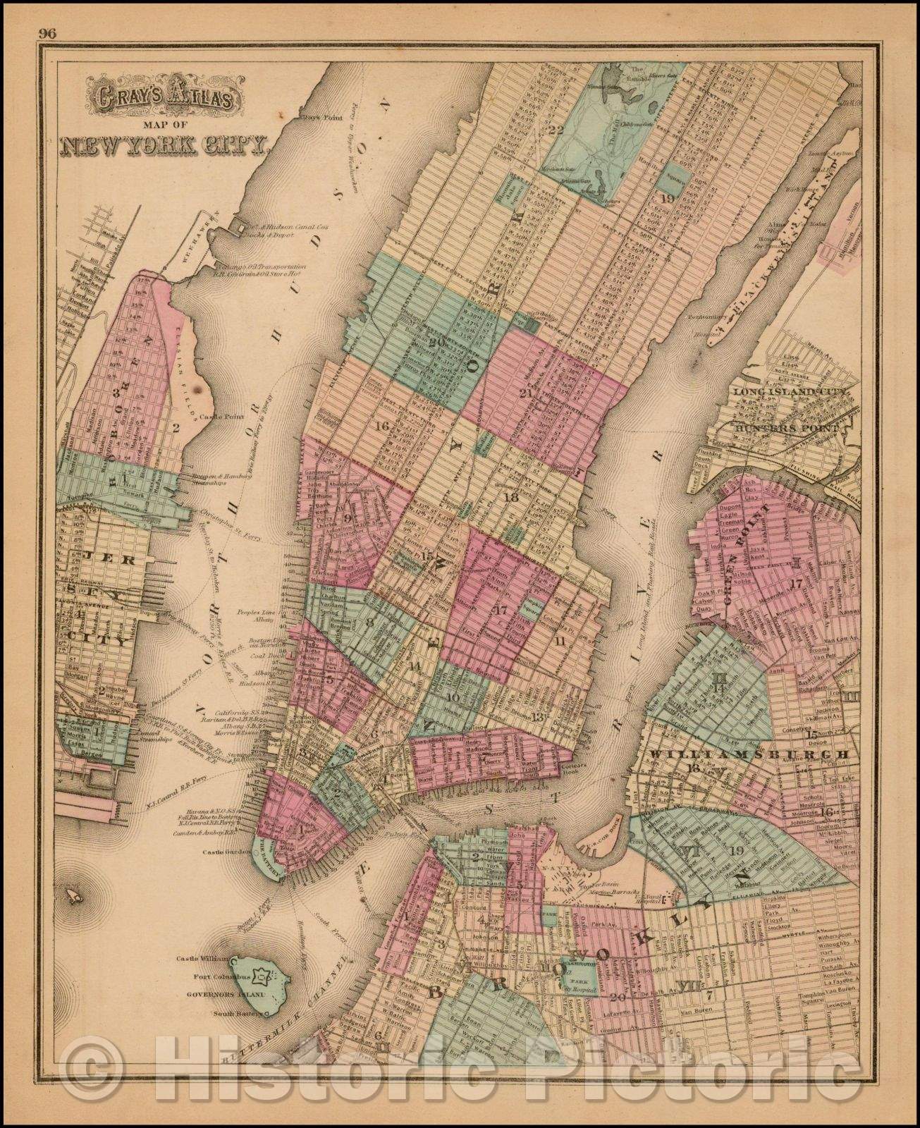 Historic Map - Gray's Atlas Map of New York City, 1874, O.W. Gray - Vintage Wall Art