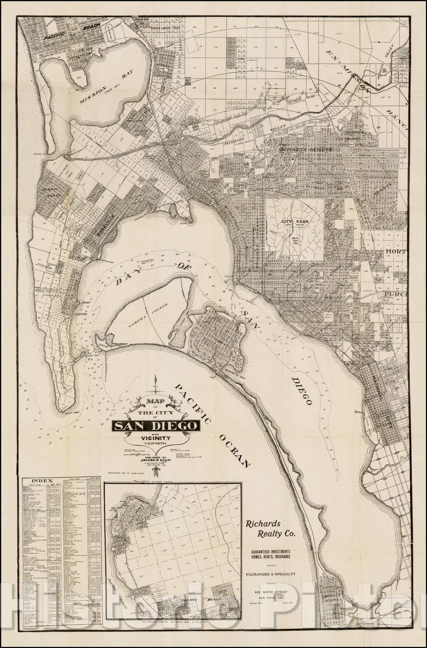 Historic Map - Map of the City of San Diego and Vicinity (Large inset of La Jolla), 1906, Rodney Stokes - Vintage Wall Art