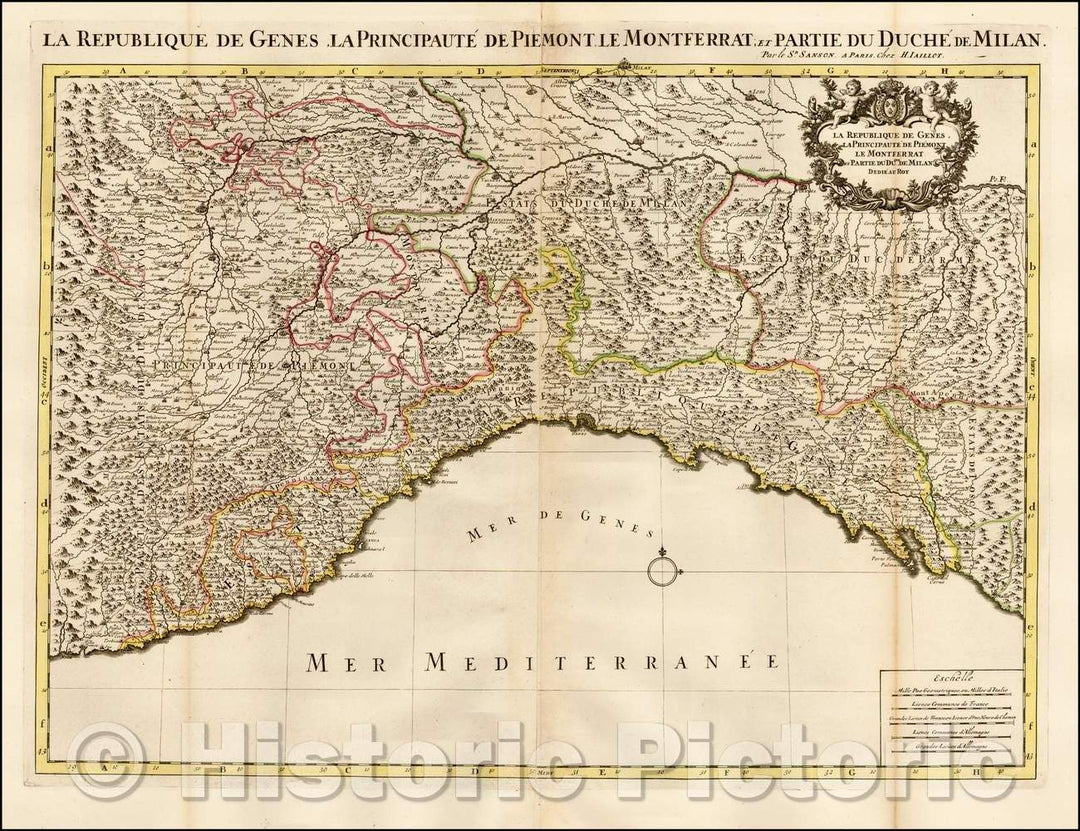 Historic Map - La Republique De Genes, La Principaute de Piemont/Map of the Italian Mediterranean Coast and extending north to Milan, 1695 - Vintage Wall Art