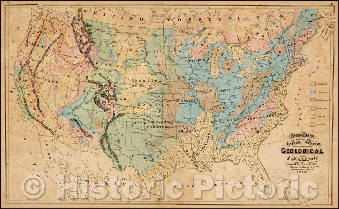 Historic Map - Gray's Map of the United States Showing the Principal Geological Formations, 1873, O.W. Gray & Son v3