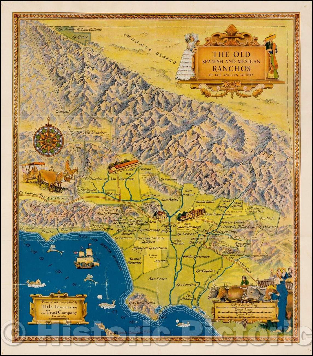 Historic Map - The Old Spanish and Mexican Ranchos of Los Angeles County, 1940, Title Insurance & Trust Company - Vintage Wall Art