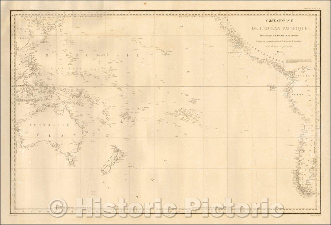 Historic Map - Carte Generale De L'Ocean Pacific Dressee par M.M. D'Urville et Lottin d'a :: Carte Generale De L'Ocean Pacific compiled, 1834 - Vintage Wall Art