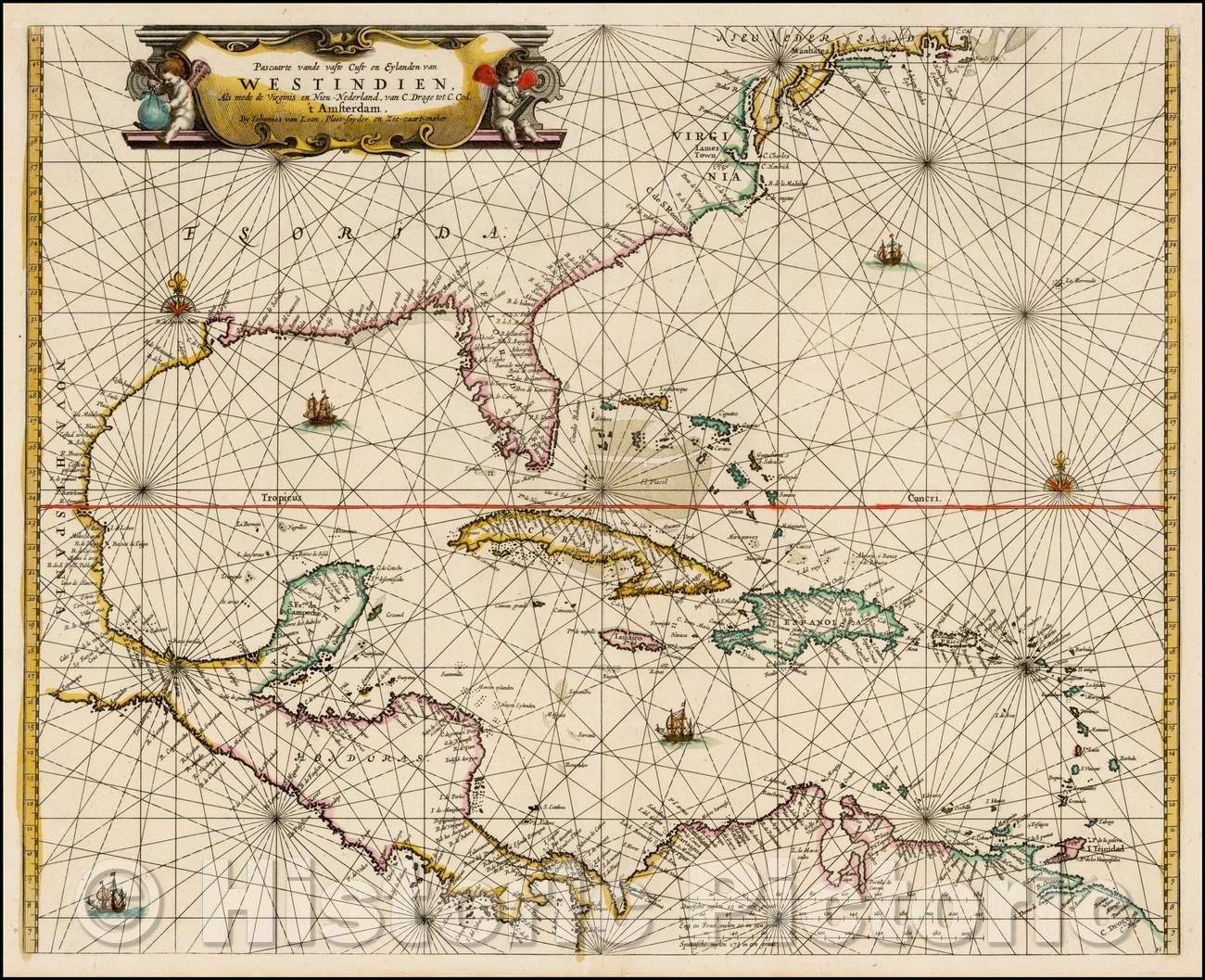 Historic Map - Pascaarte vande vaste kust en Eylanden van Westindien Als mede de Virginis et Nieu-Nederland/Map of the Caribbean by Johannses Van Loon, 1660 - Vintage Wall Art