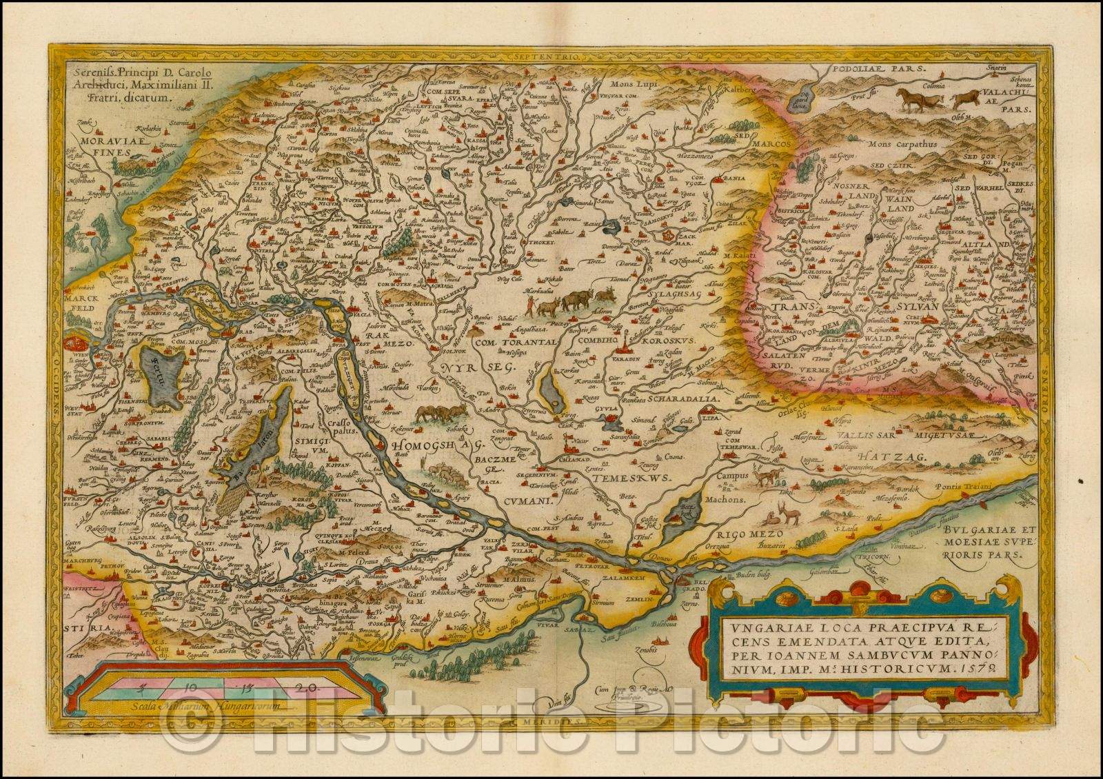 Historic Map - Hungariae Loca Praecipua Recens Emendata/The recent climate Notes Volume in Hungary, 1574, Abraham Ortelius - Vintage Wall Art