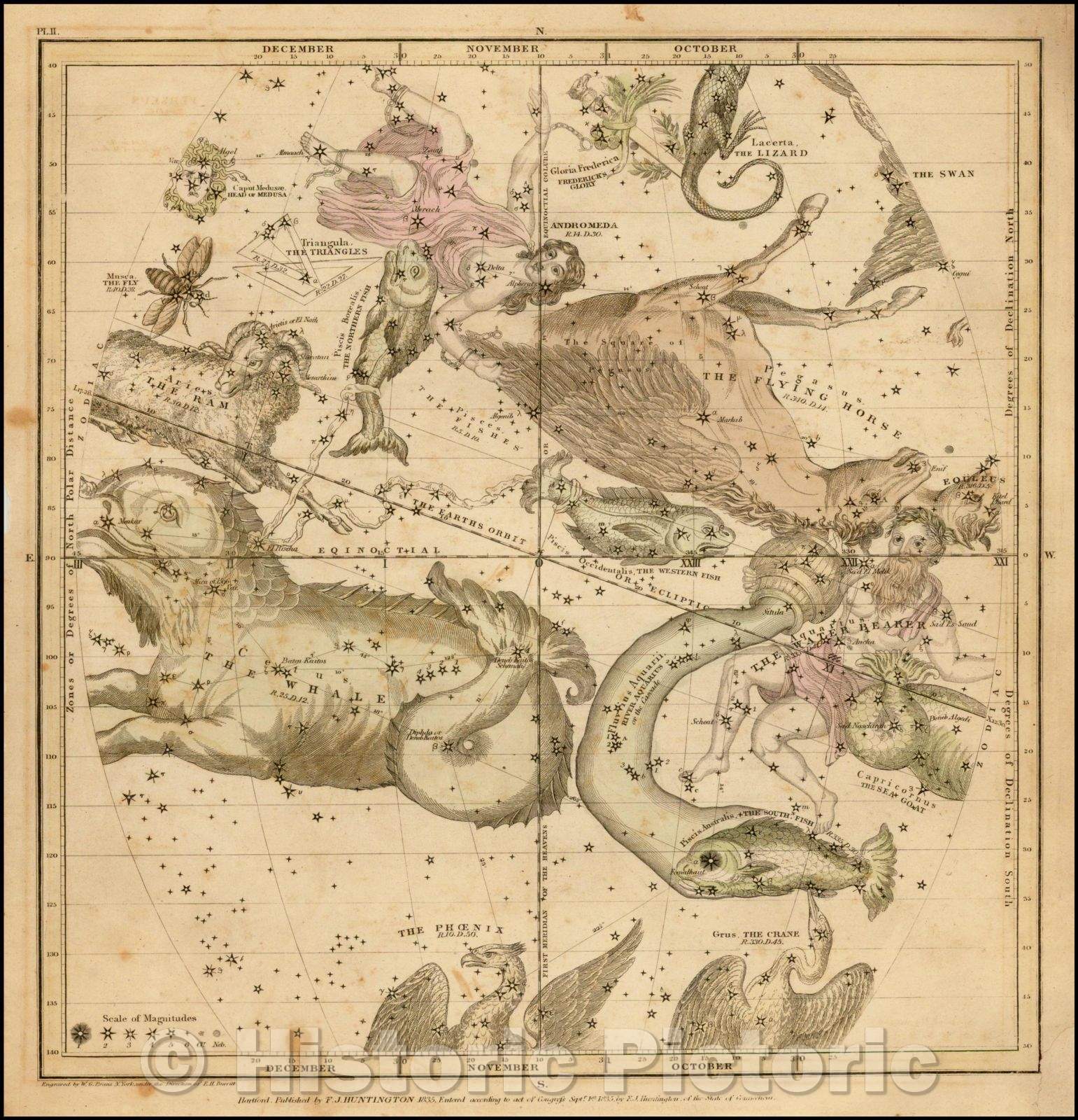 Historic Map - The October, November, and December Sky - Aquarius, Andromeda, Pisces, Pegasus, Aries, Phoenix, Grus, Lacerta, Triangle, etc, 1835 - Vintage Wall Art