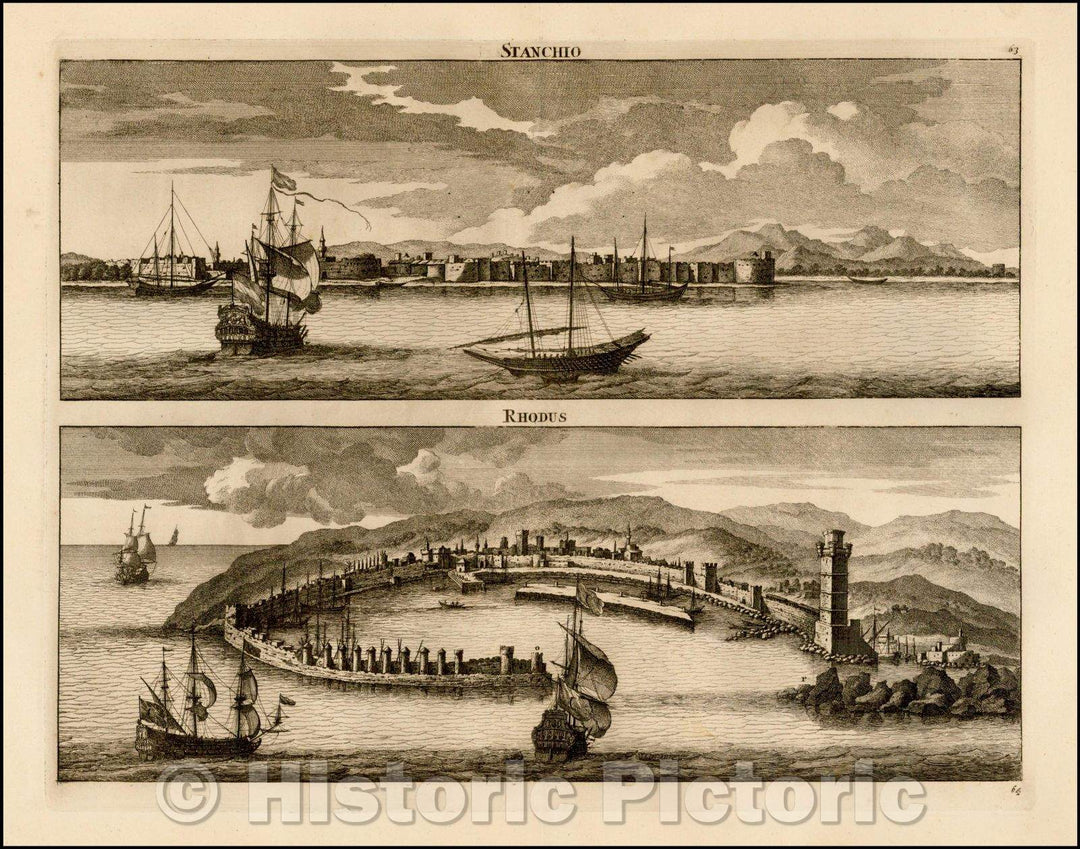 Historic Map - [Rhodes and Stanchio, Greece] Rhodus/Stanchio/View of Rhodes and Stanchio, from De Bruyn's Reizen van Cornelis de Bruyn, 1698 - Vintage Wall Art