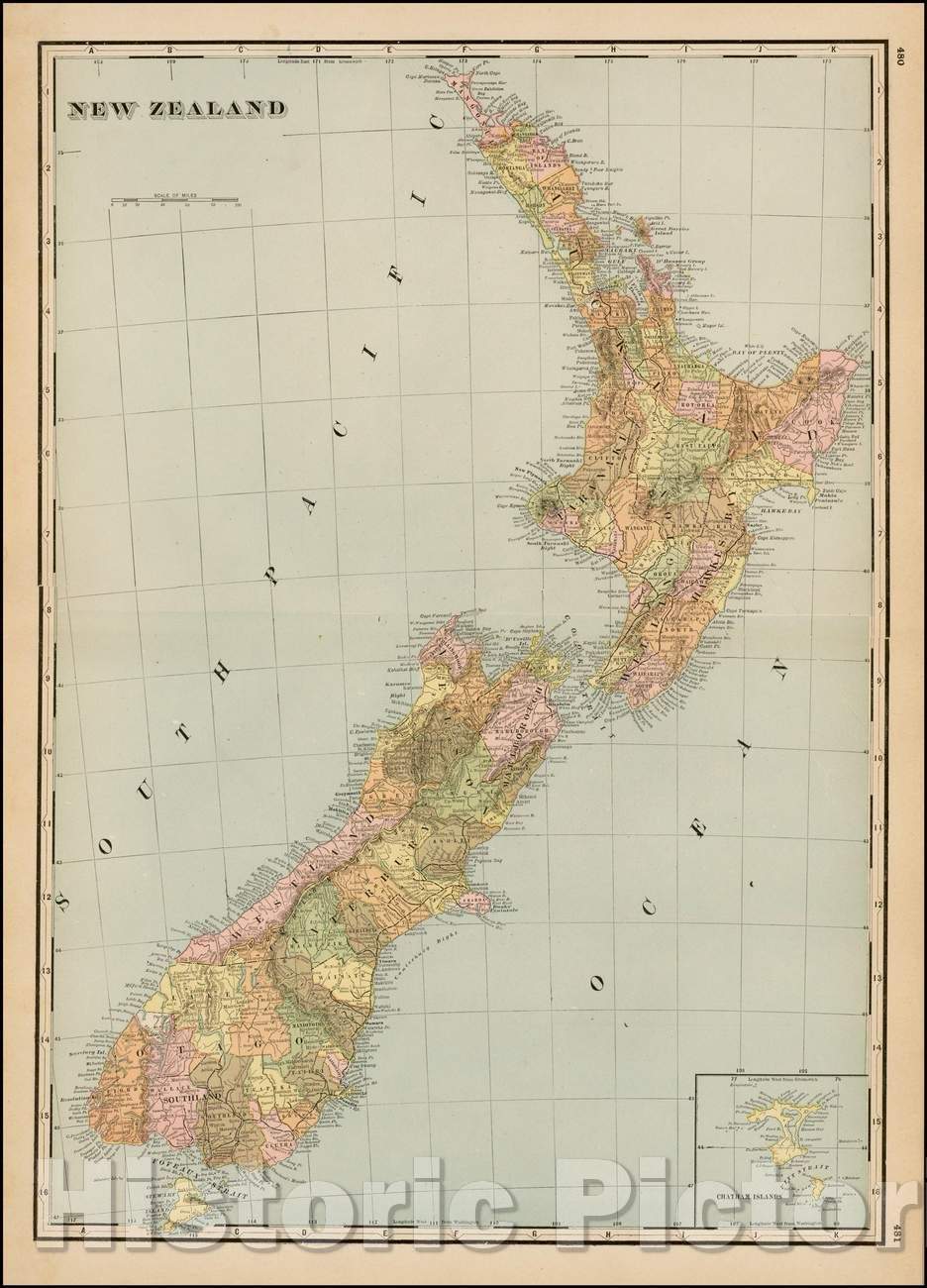 Historic Map - New Zealand, 1895, George F. Cram - Vintage Wall Art