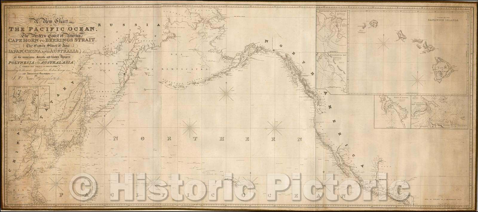 Historic Map - Chart of The Pacific Ocean, Exhibiting The Western Coast of America from Cape Horn to Beerings Strait, The Eastern Shores of Asia, 1850 - Vintage Wall Art