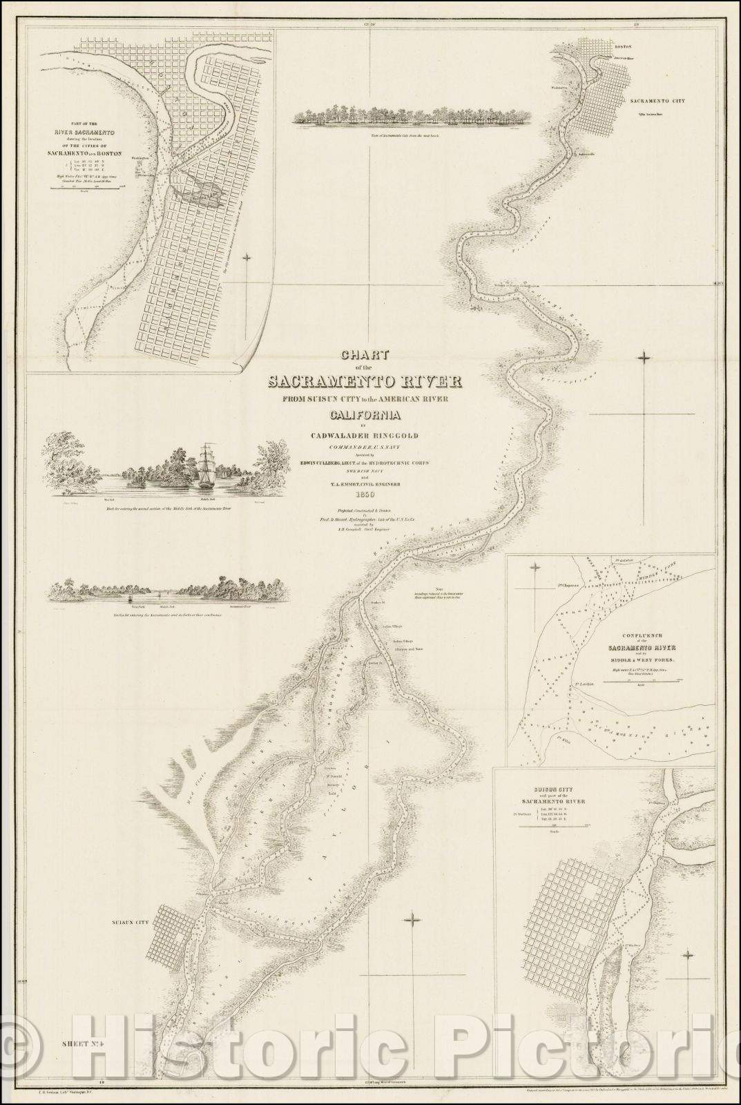 Historic Map - Chart of the Sacramento River From Suisun City to the American River California, 1850, Cadwalader Ringgold v3