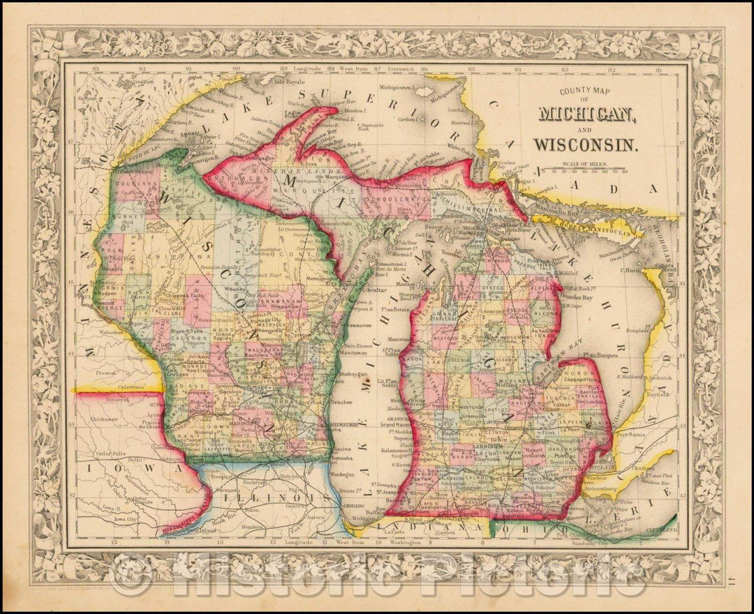 Historic Map - County Map of Michigan and Wisconsin, 1862, Samuel Augustus Mitchell Jr. - Vintage Wall Art