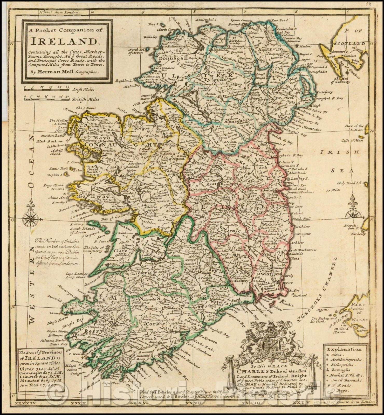 Historic Map - A Pocket Companion of Ireland. Containing all the Cities, Market-Towns, Boroughs, All ye Great Roads, and Principal Cross Roads, 1729 - Vintage Wall Art