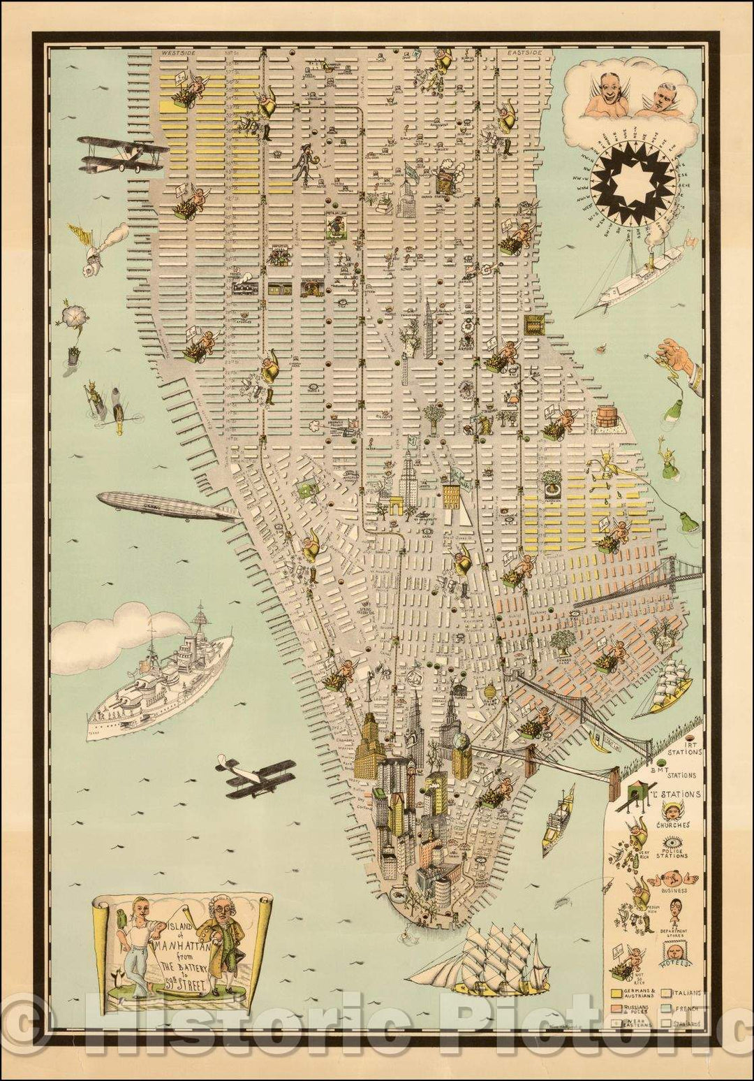 Historic Map - Island of Manhattan from The Battery to 59th Street, 1930, Kaj Klitgaard - Vintage Wall Art