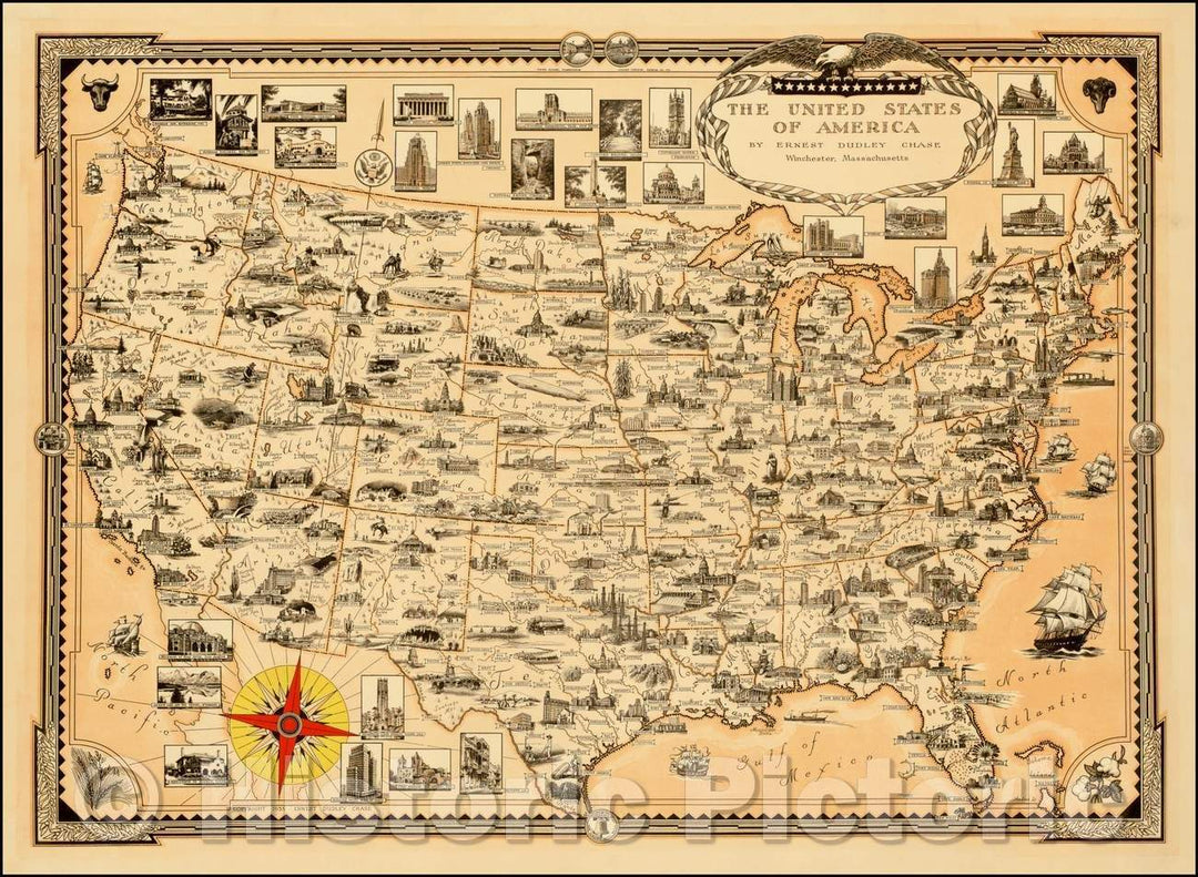 Historic Map - The United States of America, 1935, Ernest Dudley Chase - Vintage Wall Art