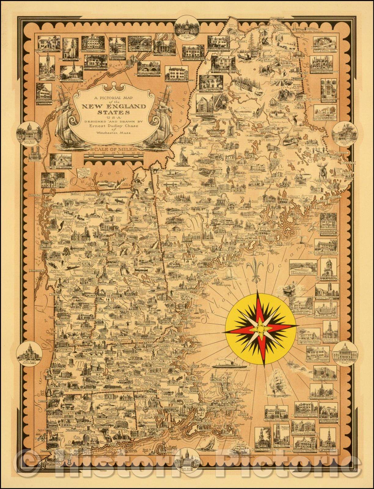 Historic Map - A Pictorial Map of the New England States USA, 1939, Ernest Dudley Chase v2