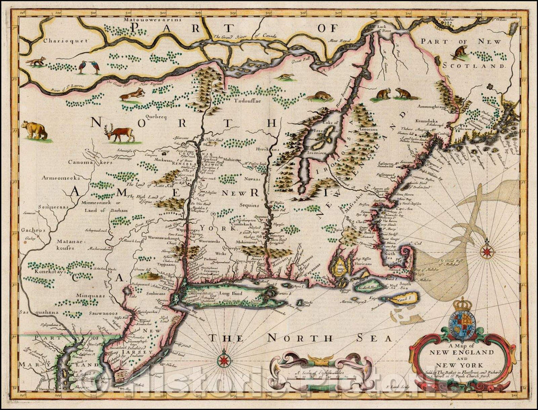 Historic Map - A Map of New England and New York, 1676, John Speed - Vintage Wall Art