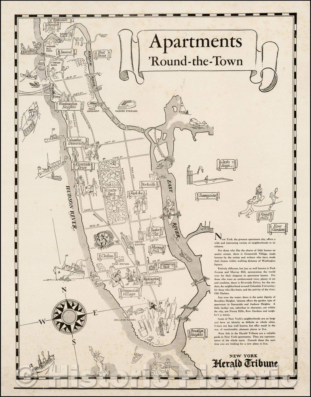 Historic Map - Manhattan/New York City Apartments 'Round-the-Town, 1935, New York Herald Tribune - Vintage Wall Art