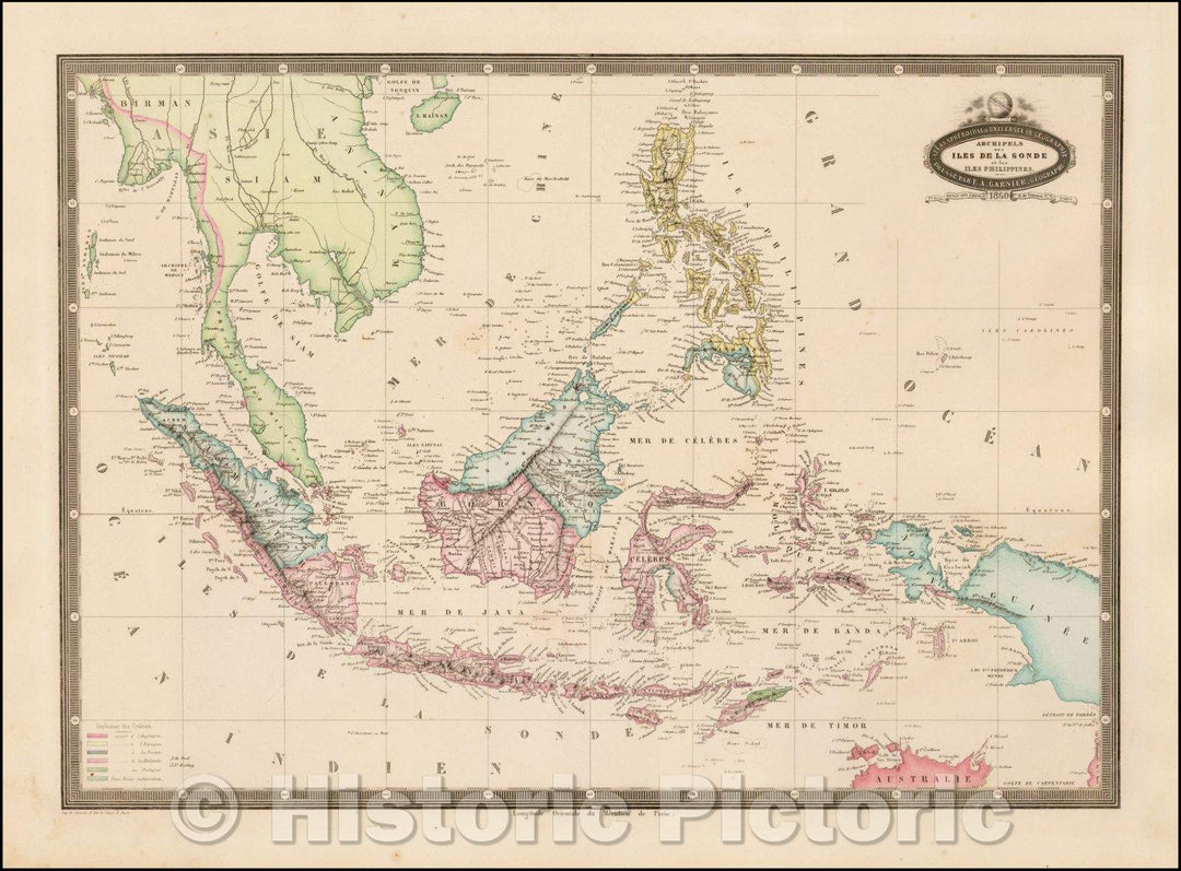 Historic Map - Borneo, Iles De La Sonde, Celebes, Moluques, et Philippines :: Southeast Asia, from Birma and Sumatra, Philippines and Nouveau Guinea, 1860 - Vintage Wall Art