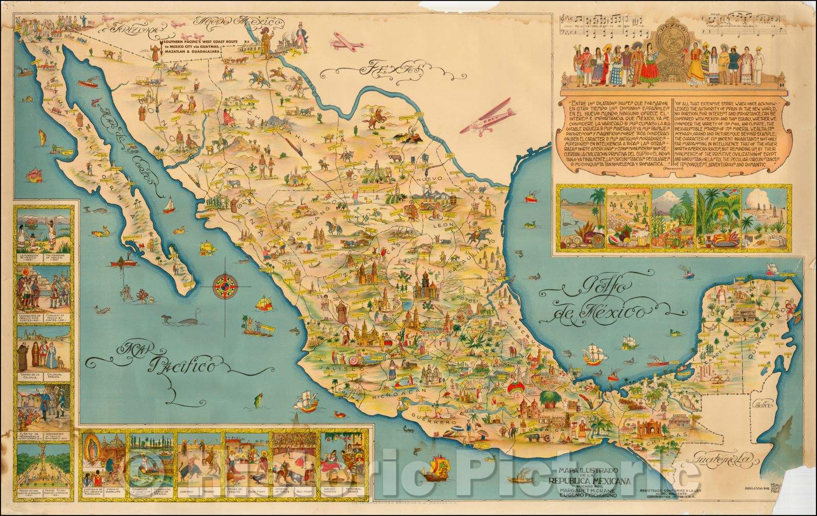 Historic Map - Mapa Ilustrado de la Republica Mexicana Publicado Por Margaret M. Crane Eugenio Fischgrund/Pictorial Map of Mexico, 1930, Miguel G?ez Medina - Vintage Wall Art