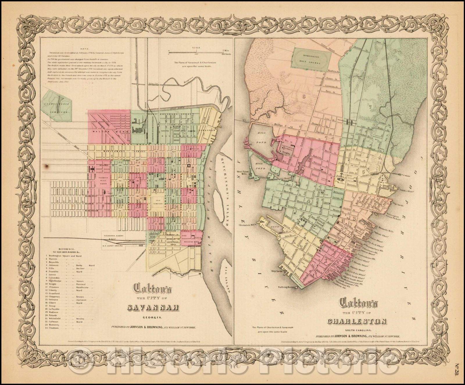 Historic Map - Colton's The City of Savannah Georgia [with] Colton's The City of Charleston South Carolina, 1860, Joseph Hutchins Colton - Vintage Wall Art