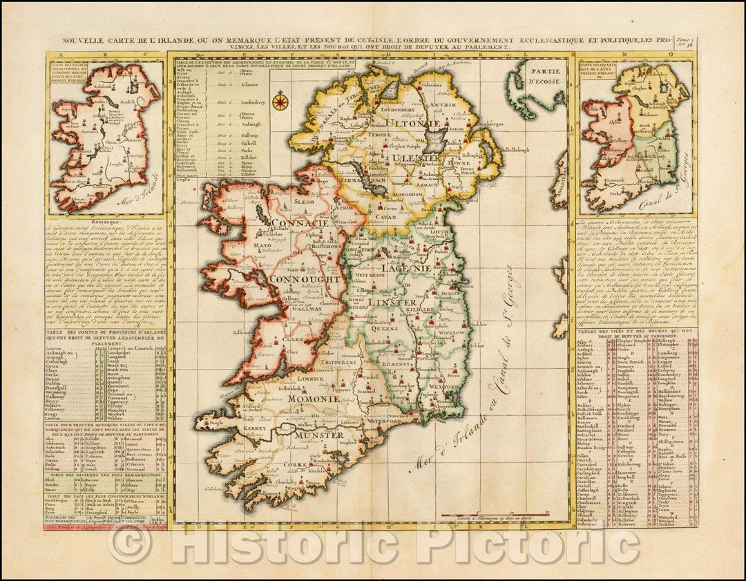 Historic Map - Nouvelle Carte De L'Irlande, ou on Remarque l'Etat Present De Cette Isle :: New Of Ireland, where we note the Present State Of The Isle, 1719 - Vintage Wall Art