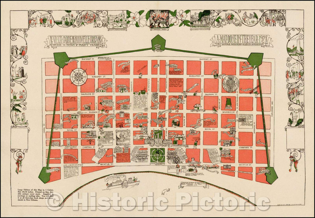 Historic Map - Le Vieux Carre de la Nouvelle Orleans Over a Span of Many Years. / Map of New Orleans, drawn by Lucile Gillican in New Orleans in 1929, 1929 - Vintage Wall Art