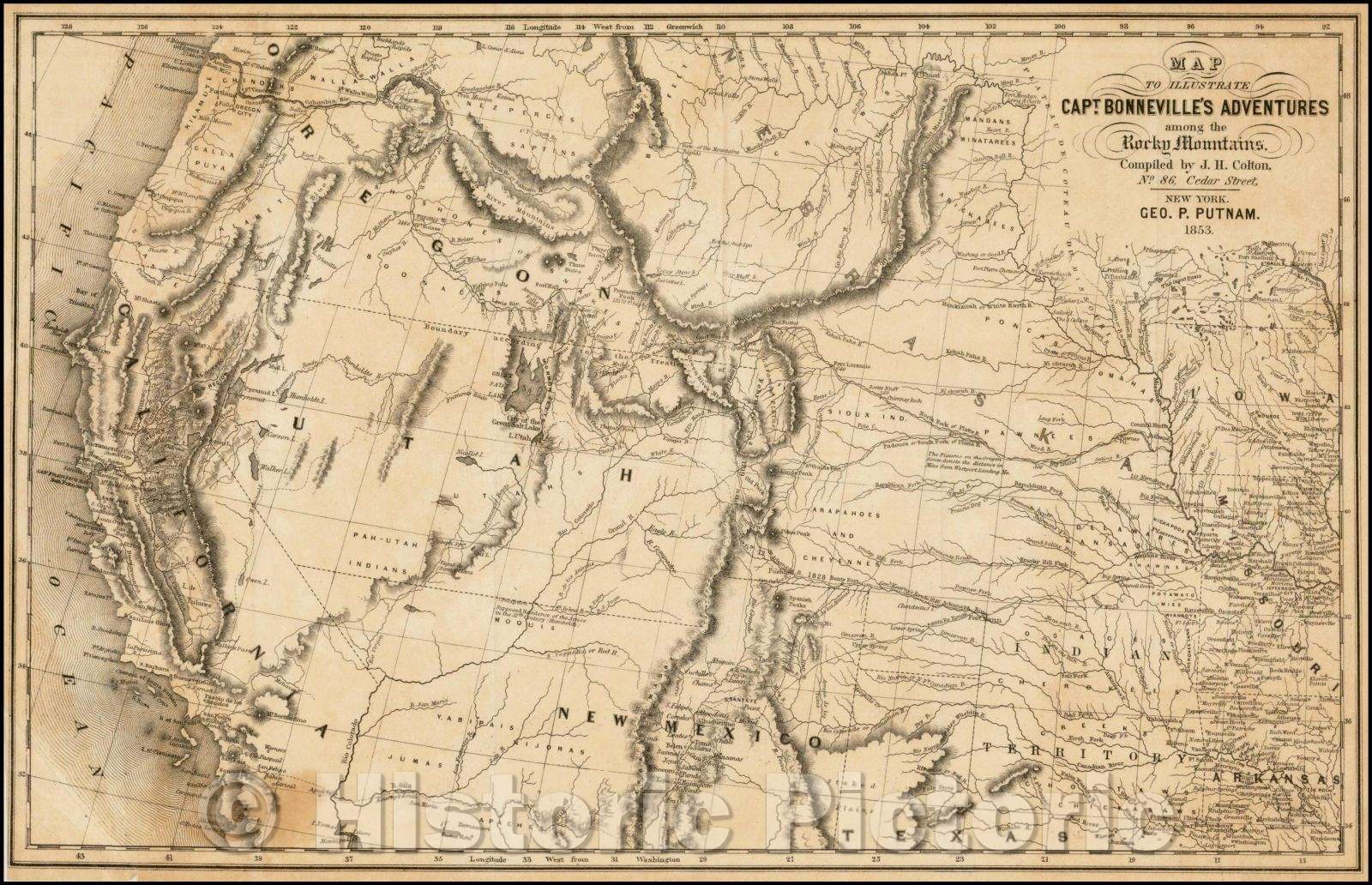 Historic Map - Map To Illustrate Capt. Bonneville's Adventures among the Rocky Mountains, 1853, Joseph Hutchins Colton - Vintage Wall Art