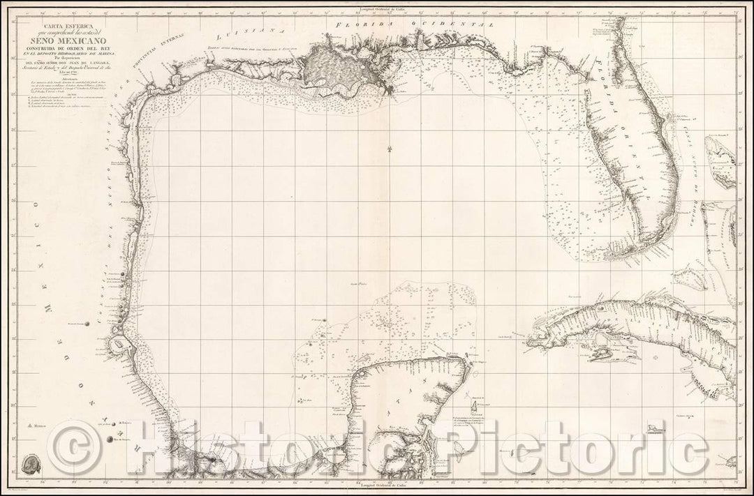 Historic Map - Carta esf?ica que comprehende las costas del Seno Mexicano construida/Spanish Sea Chart of the Gulf Coast, Florida, Texas, etc, 1799 - Vintage Wall Art