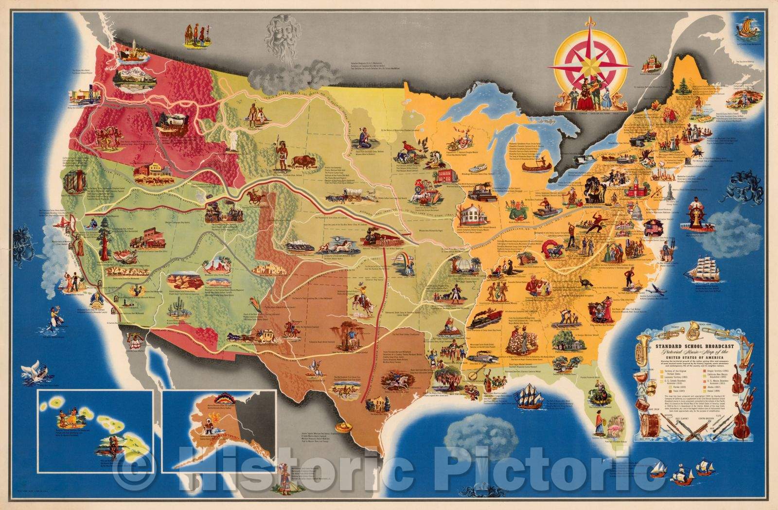 Historic Map - Standard School Broadcast Pictorial-Music Map of the United States of America Showing Territorial Growth of the Nation, 1949 - Vintage Wall Art