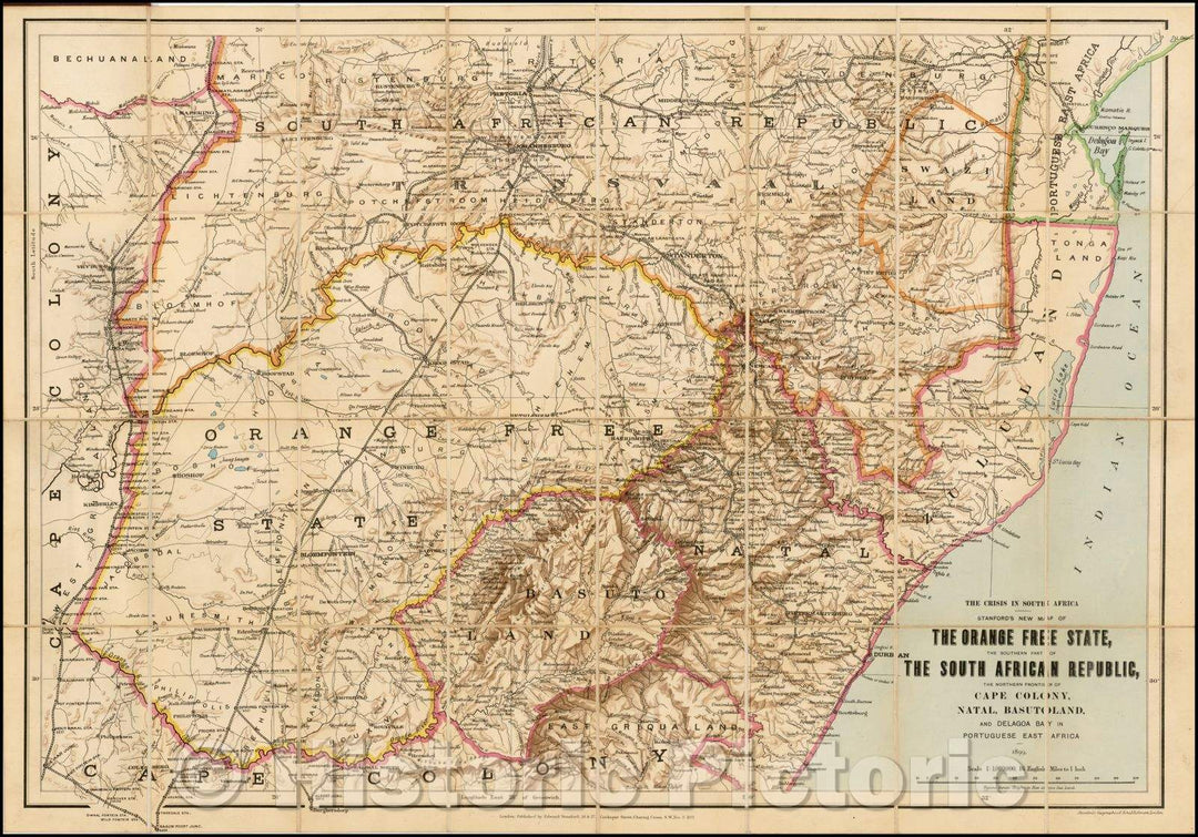 Historic Map - The Crisis in South Africa - Stanford's New Map of The Orange Free State, The Southern Part of The South African Republic, 1899, Edward Stanford - Vintage Wall Art