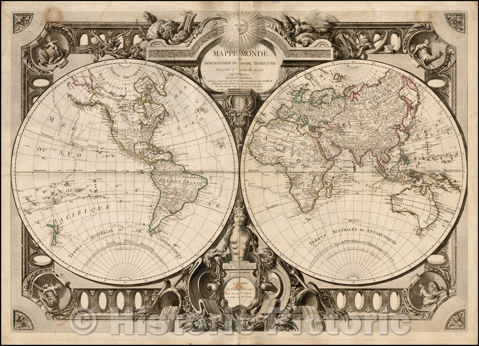 Historic Map - Mappe Monde ou Description Du Globe Terrestre assu/Double hemisphere Map of the World, published in Venice, 1804, Charles Francois Delamarche - Vintage Wall Art