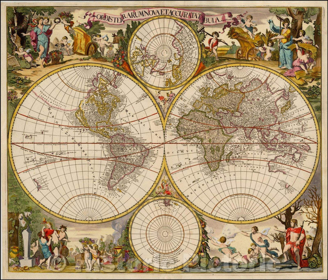 Historic Map - Orbis Terrarum Nova et Accurata Tabula. Auct. G. et L. Valck. / Double hemisphere Map of the World, 1700, Gerard & Leonard Valk - Vintage Wall Art