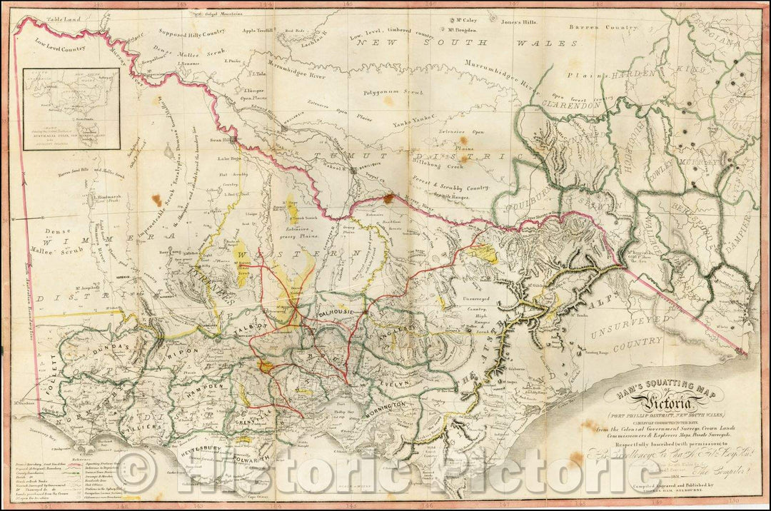 Historic Map - Ham's Squatting Map of Victoria, Port Phillip District, New South Wales, 1851, Thomas Ham - Vintage Wall Art